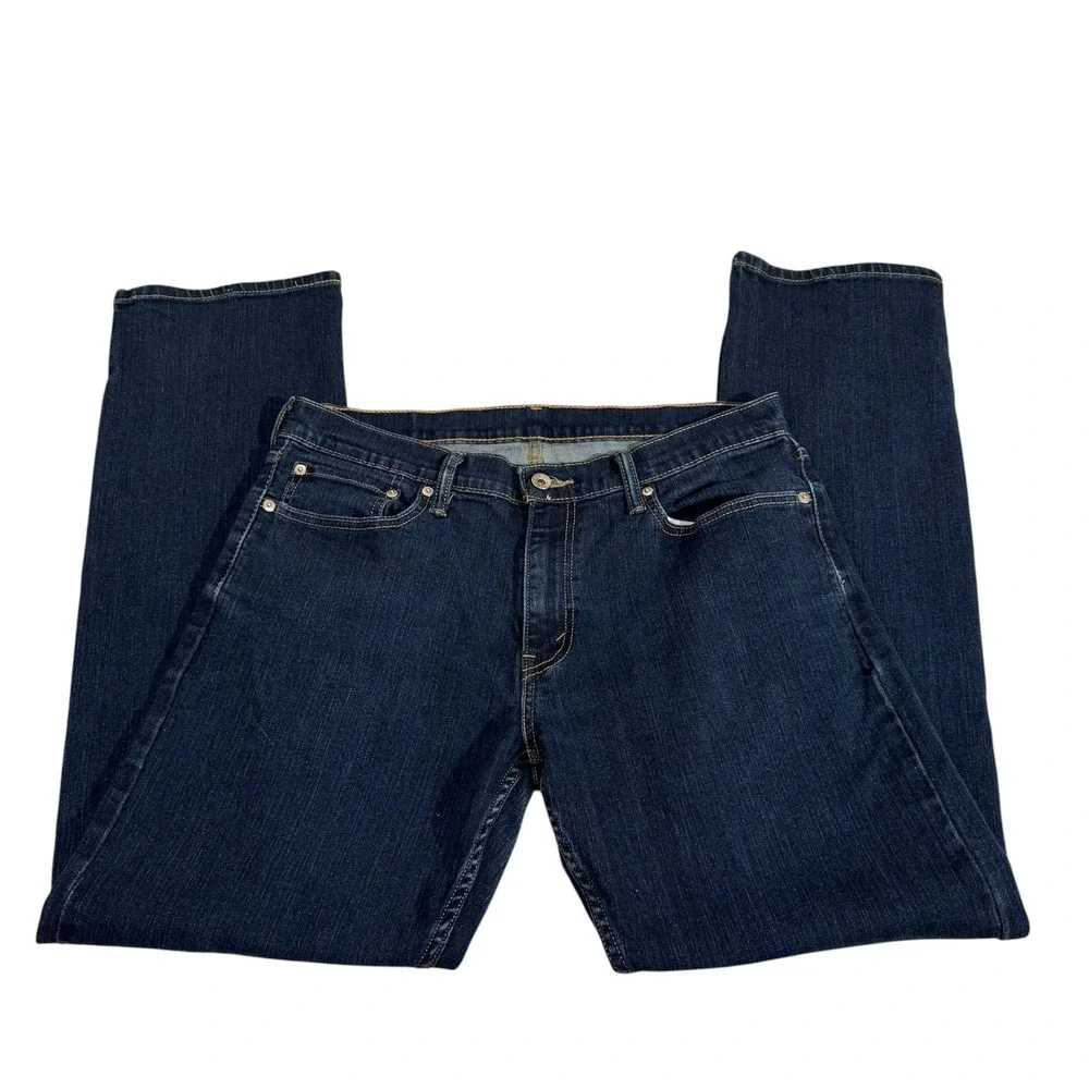 Levis Straight Fit Dark Wash Denim Stretch Jeans Mens 32x30 Indigo Blue No Tag